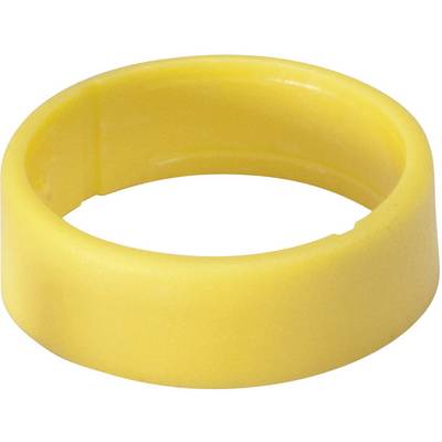 Yellow plastic ring in close-up, simple design, could be used as a seal or gasket.