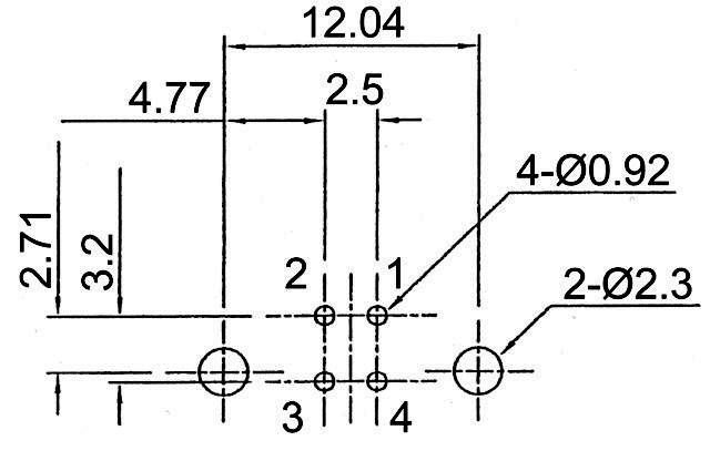 Technical drawing of a component with dimensions and hole spacing: Height 2.71, Width 12.04, four holes Ø0.92 and two Ø2.3.