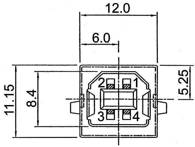 Technical Drawing of a Square Switch with Dimensions in mm: Width 12, Height 11.15, Depth 5.25. Numbered Pins 1-4 Internal.