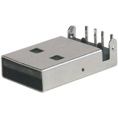 A USB plug is lying on a surface. It has metal contacts and a rectangular connector.