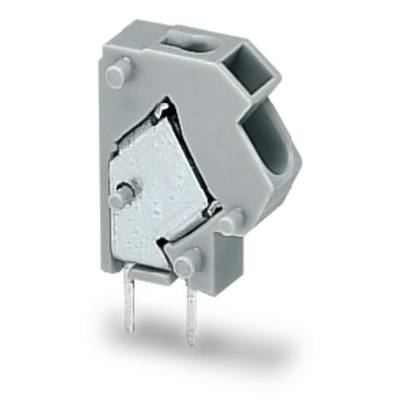 A grey, rectangular connector with two metal pins protruding from its underside, against a white background.