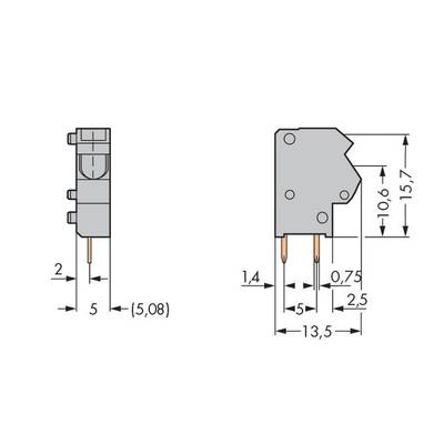 Drawing of a microswitch with dimensions: height 15.7 mm, width 5 mm, pin thickness 1.4 mm, contact spacing 5 mm, overall depth 13.5 mm.