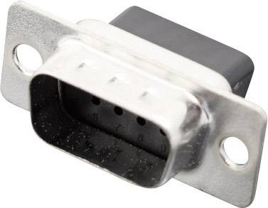 A metal plug with nine pins, rectangular in shape, with mounting holes on both sides, typically used for serial interfaces.