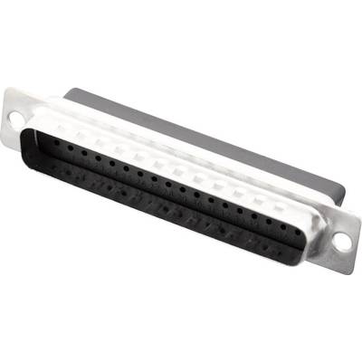 'An old rectangular computer port with a metal frame and numerous small holes, used for parallel interfaces.'