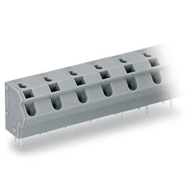 A grey electrical connector with multiple sockets, used for connecting cables in electrical circuits.