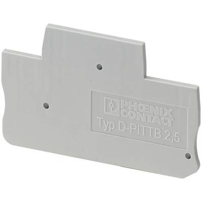 Grey end cap with inscription 'PHOENIX CONTACT Type D-PITTB 2.5', used for covering terminal blocks, with two mounting holes.
