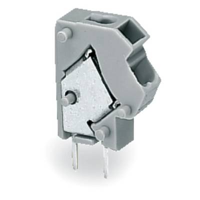Electronic component in light grey, with two metal pins for printed circuit board mounting, most likely a plug or socket.