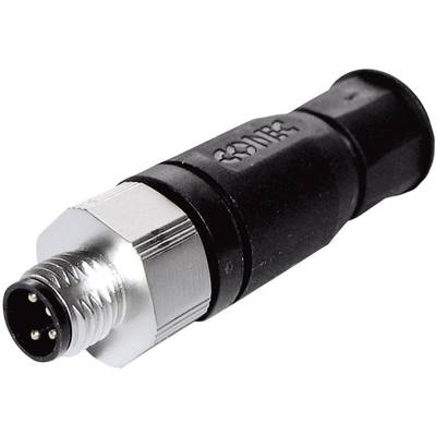 Black and silver electronic plug with four pins, suitable for industrial applications and machine connections.<br><br>Note: The translation is already in a British English style, maintaining the technical terminology and precise description of the plug.