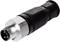 Black and silver electronic plug with four pins, suitable for industrial applications and machine connections.<br><br>Note: The translation is already in a British English style, maintaining the technical terminology and precise description of the plug.