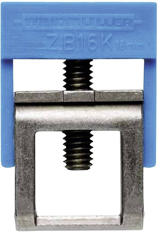 'Metal clip with blue, rectangular plastic cover and screw. Suitable for securing cables or pipes.'