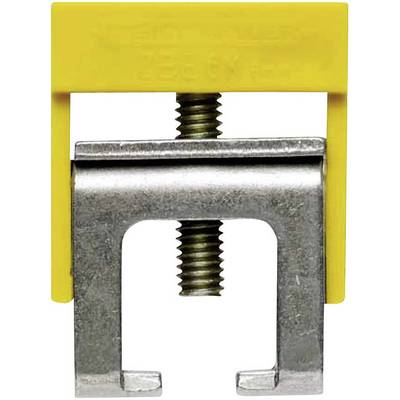 A metal cable clip with a yellow plastic head and a central screw for securing cables or wires.