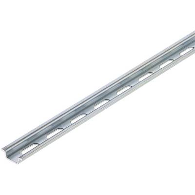 A silver, elongated metal bracket with uniform rectangular holes along the surface, used for fastening.