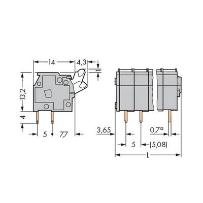 Technical drawing of a micro switch with dimensions: Height 13.2 mm, Width 14 mm, Depth 5 mm. Side and front view.