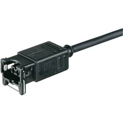 A black computer plug with a rectangular connector and cable pointing to the left. The plug has a plastic casing.