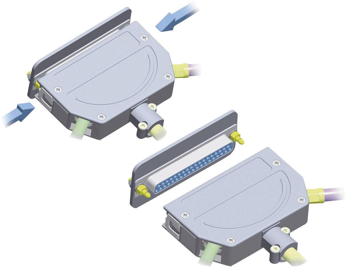 Two graphical representations of a connection cable; the upper image shows the plug from the outside, the lower image shows the contact pins on the inside.