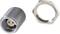A cylindrical, grey, ribbed plug component next to a silver, hexagonal connector ring on a white background.