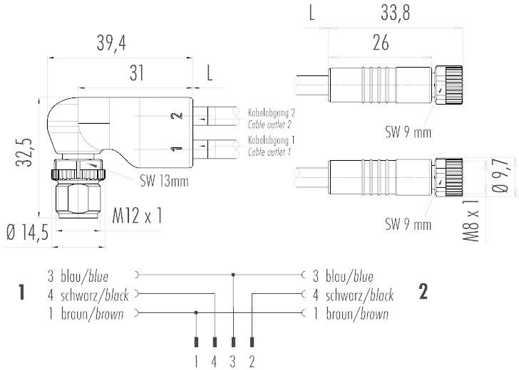 Technical drawing of a cable plug with dimensions. Top: Plug dimensions. Bottom: Circuit diagram with cable connections.