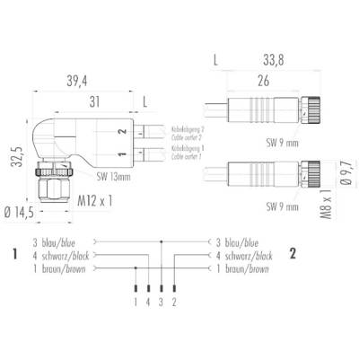 Technical drawing of a cable plug with dimensions. Top: Plug dimensions. Bottom: Circuit diagram with cable connections.