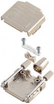'Aluminium connector housing, exploded view shows top section, bottom section, locking screws and cable connection.'