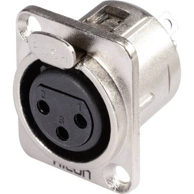 A silver XLR socket with three round pins, commonly used for audio connections. 'PUSH' is written at the top for unlocking.