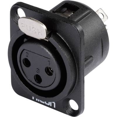 Black XLR socket with three pins, visible push button and mounting housing for audio or microphone cable connections.
