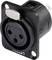 Black XLR socket with three pins, visible push button and mounting housing for audio or microphone cable connections.