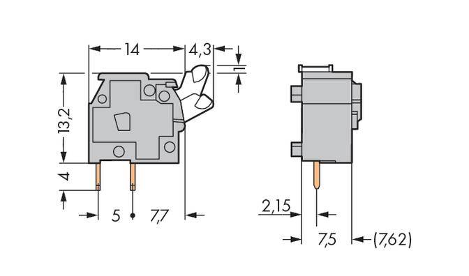 'Figure of a microswitch with dimensions: height 14 mm, width 4.3 mm, depth 2.15 mm. Connection pins at the bottom, side view shown.'