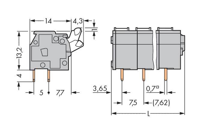 Technical drawing of an electrical switch with dimensions: 13.2 mm height, 14 mm width, 7.7 mm length, and connection pins.