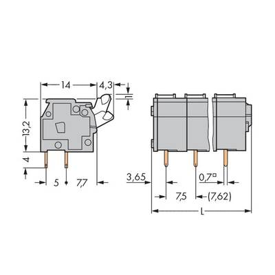 Technical drawing of an electrical switch with dimensions: 13.2 mm height, 14 mm width, 7.7 mm length, and connection pins.