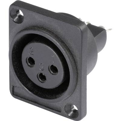 Black XLR plug with three sockets, numbered 1 to 3. Commonly used for professional audio connections.