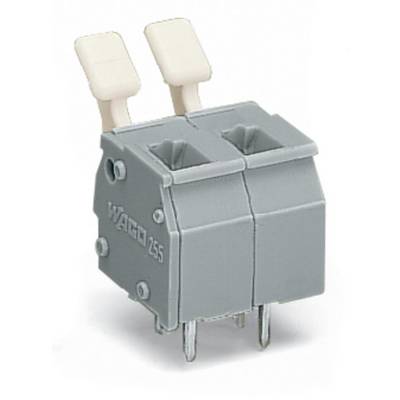 'Grey WAGO 255 plug connector with two levers and two contact openings for electrical connections.'