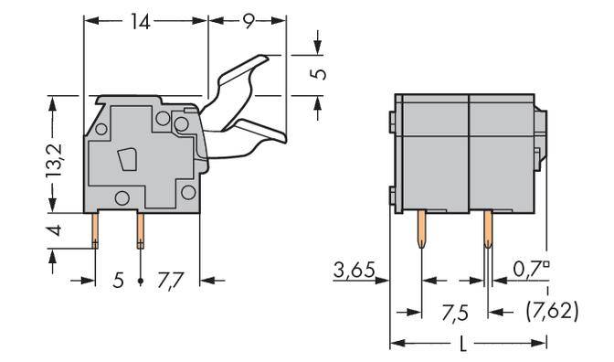 Drawing of an electrical switch with dimensions. Left: Height 13.2 mm, Width 14 mm, Depth 9 mm. Right: Height 3.65 mm, Width 7.5 mm, Pin spacing 7.62 mm.