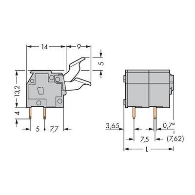Drawing of an electrical switch with dimensions. Left: Height 13.2 mm, Width 14 mm, Depth 9 mm. Right: Height 3.65 mm, Width 7.5 mm, Pin spacing 7.62 mm.