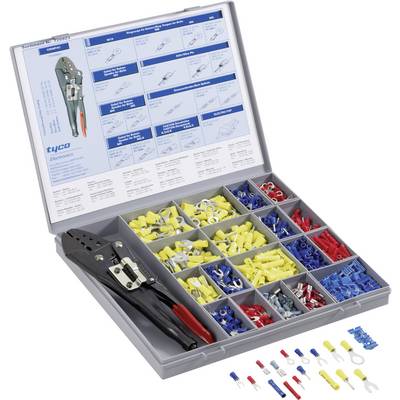 Open box with crimping tool, illustrated instructions and various connectors in yellow, blue and red.