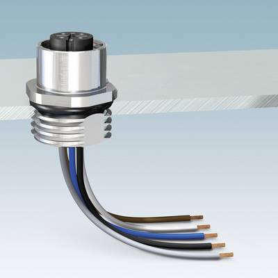 Cylindrical metal plug with five coloured cables: black, brown, blue, white, grey against a blue background.