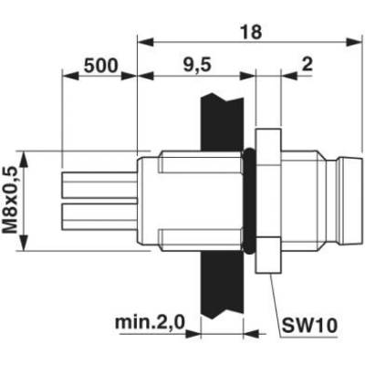 Technical drawing of a component with measurements: M8x0.5, length 500, 18, 9.5 and AF10. Shows thread, seals and connection dimensions.