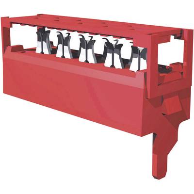 A red and black mechanical component with multiple vertical elements in a rectangular housing, possibly a connector.