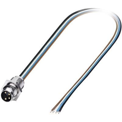 A four-core cable with an M8 plug on one side. The cores are brown, white, blue, and black. The plug is metallic.