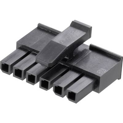 A black, six-pin PCIe power connector for graphics cards with a clip for securing.