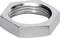 Metal hexagonal nut, silver-coloured, with an internal thread.