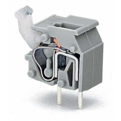 Grey electrical switch with two terminals and copper elements, suitable for electronic or circuit applications.