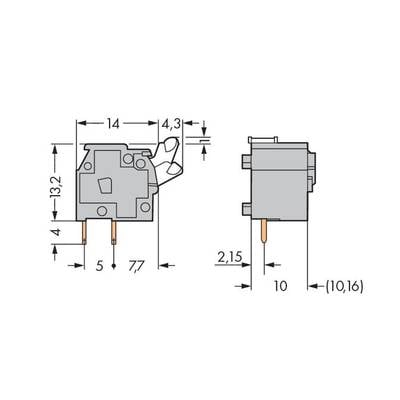 Two technical drawings of a microswitch with dimensions: Left full view with 14x13.2 mm; Right side view, height 10 mm.