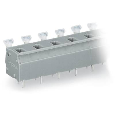 Grey, rectangular connector with multiple connection pins and clamping levers. Used in electronic devices.