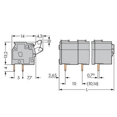 Technical drawing of a switch with dimensions: Height 13.2 mm, Width 14 mm, Depth 10 mm. Connections at the bottom, Switching angle 0.7 degrees.