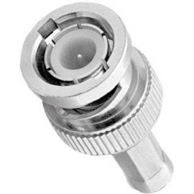 A metallic coaxial plug with a knurled grip shows its connection side facing upwards, commonly used in communication devices.