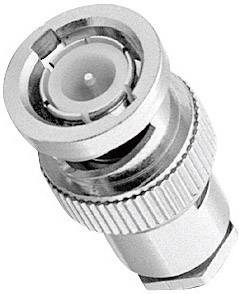 A metal BNC plug for connecting coaxial cables, used in video systems and communication devices.