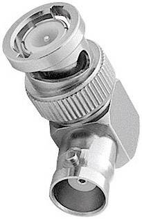 A silver BNC connector in close-up, showing details of the locking mechanism and connection structure.