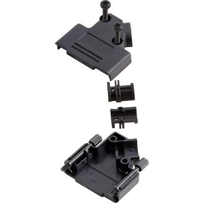 Disassembled housing: Top cover secured with two screws, beneath two cylindrical components, and base section with mounting brackets.