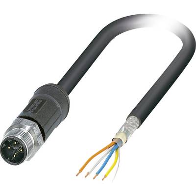 'An open cable with multiple coloured wires at one end and a four-pin plug at the other end, insulated and ready for use in electrical devices.'