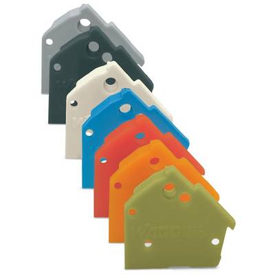 Several coloured cable markers in house shapes, arranged in a diagonal line. Colours range from grey to orange.